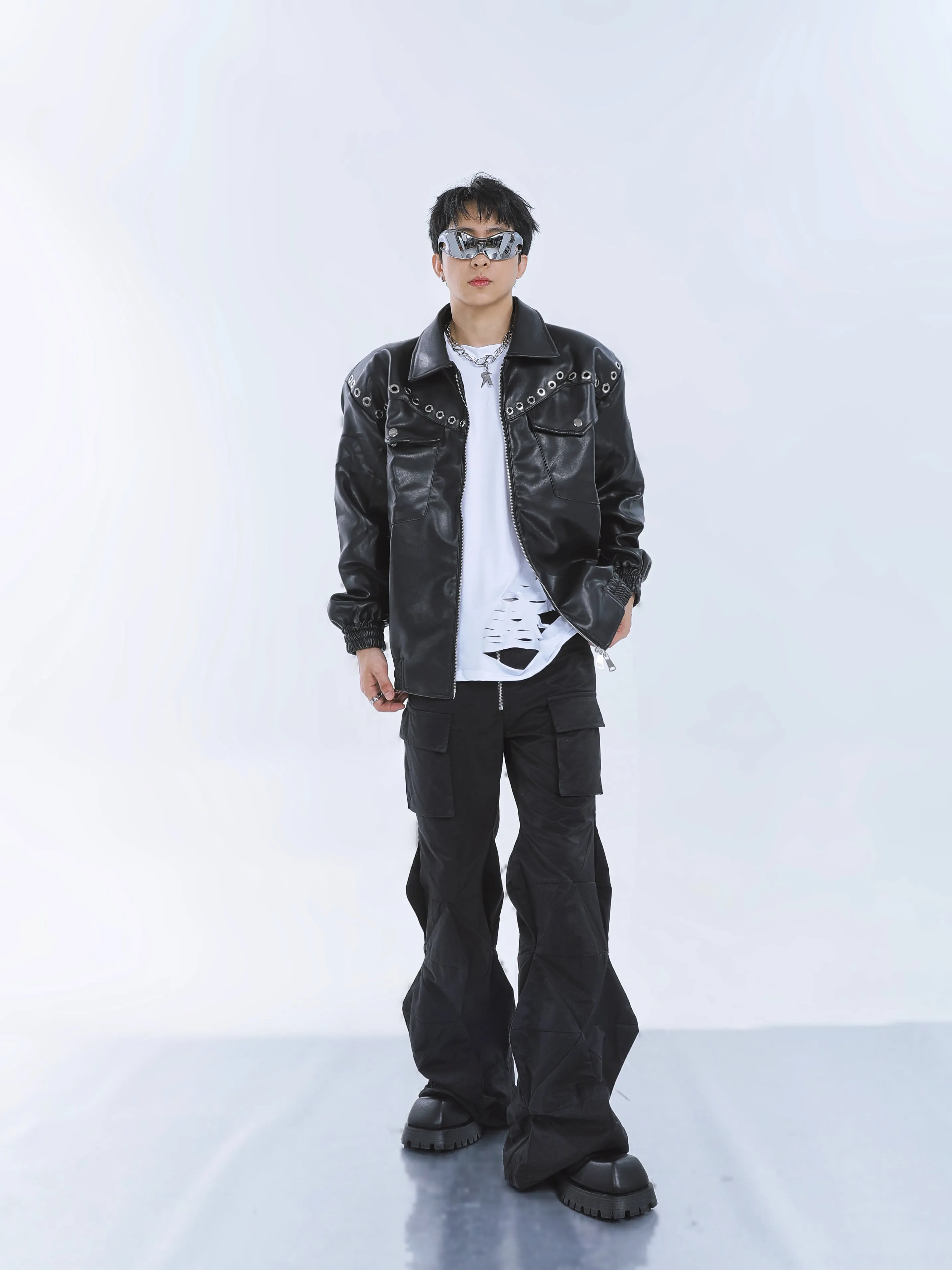 【23s September.】Metal Rivet-embellished Silhouette Leather Jacket -L