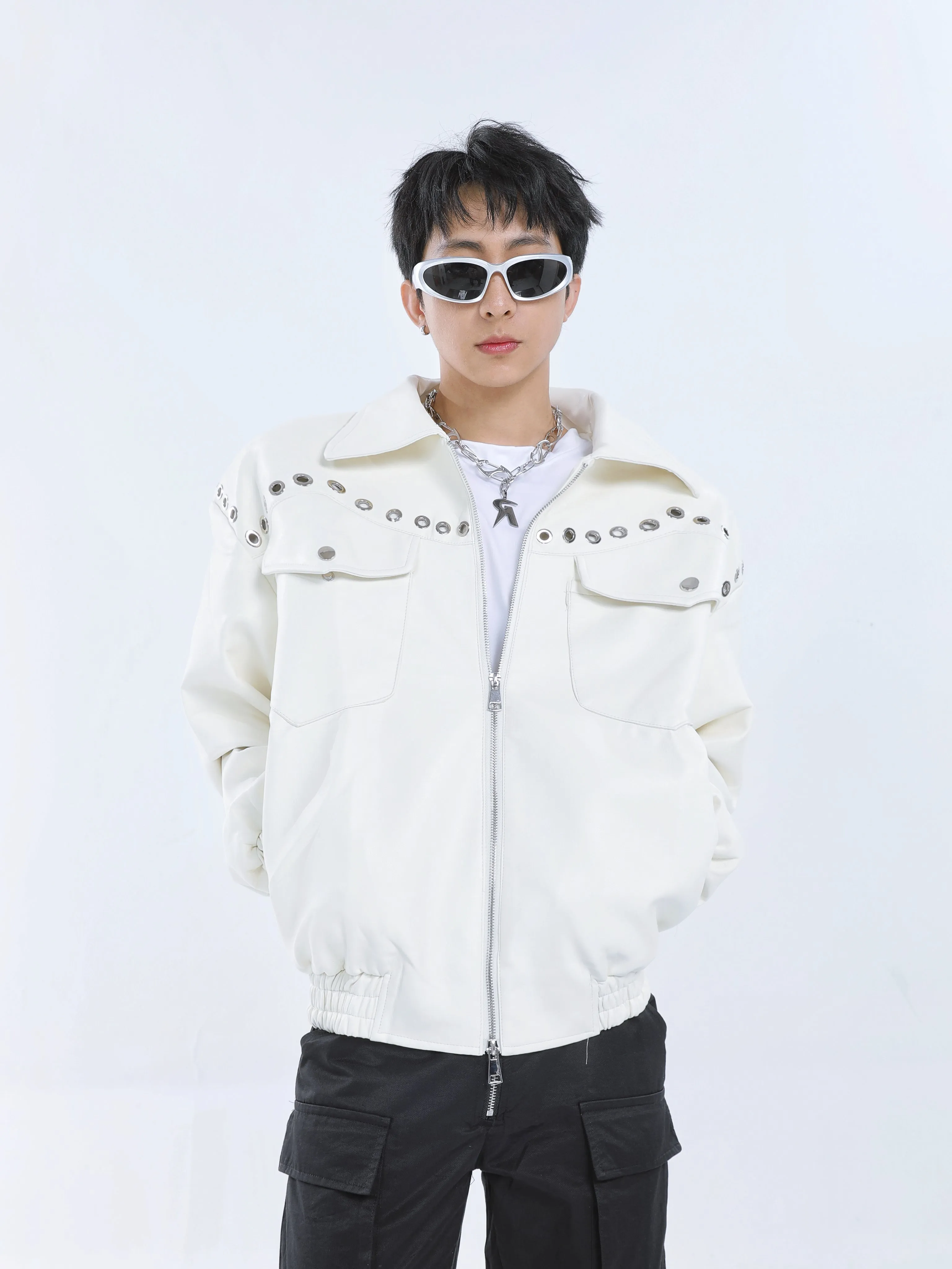 【23s September.】Metal Rivet-embellished Silhouette Leather Jacket -L