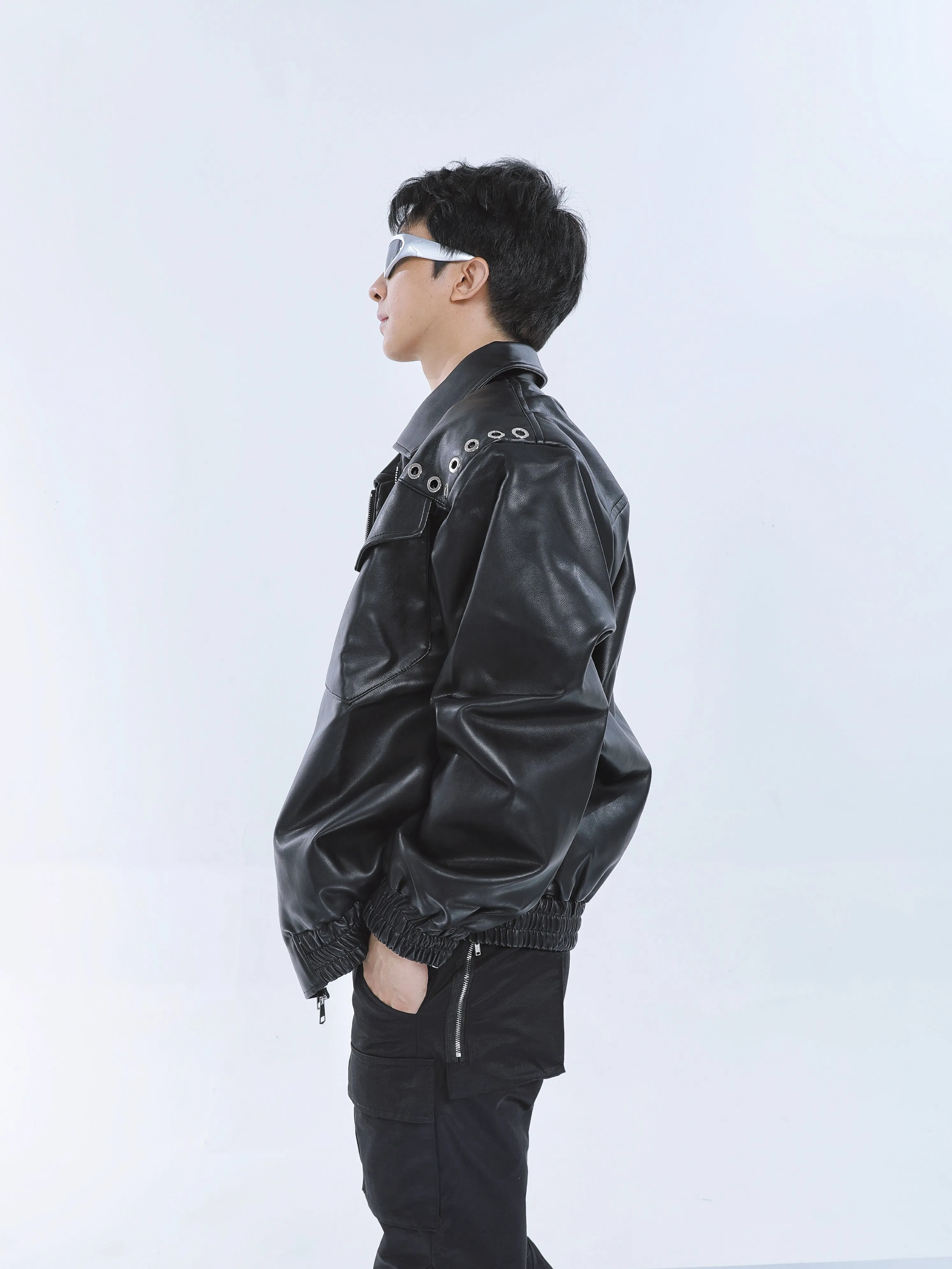 【23s September.】Metal Rivet-embellished Silhouette Leather Jacket -L