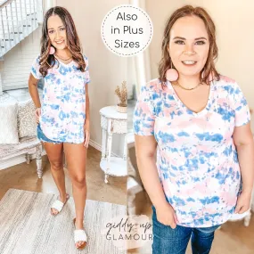 Last Chance Size Small & Med. | Simple Does It Tie Dye Short Sleeve V Neck Tee in Pink and Blue