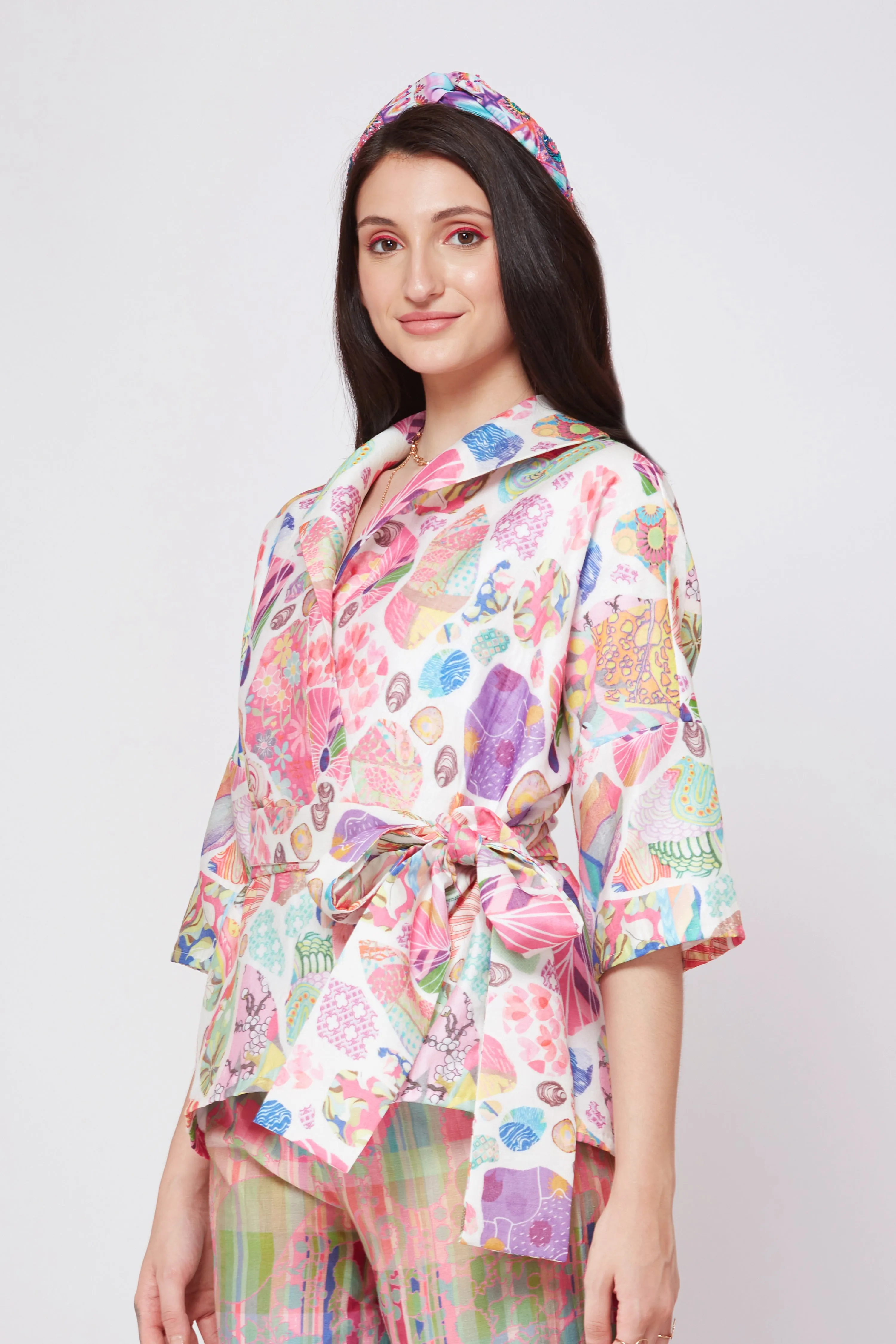 White Block Print Kimono Jacket